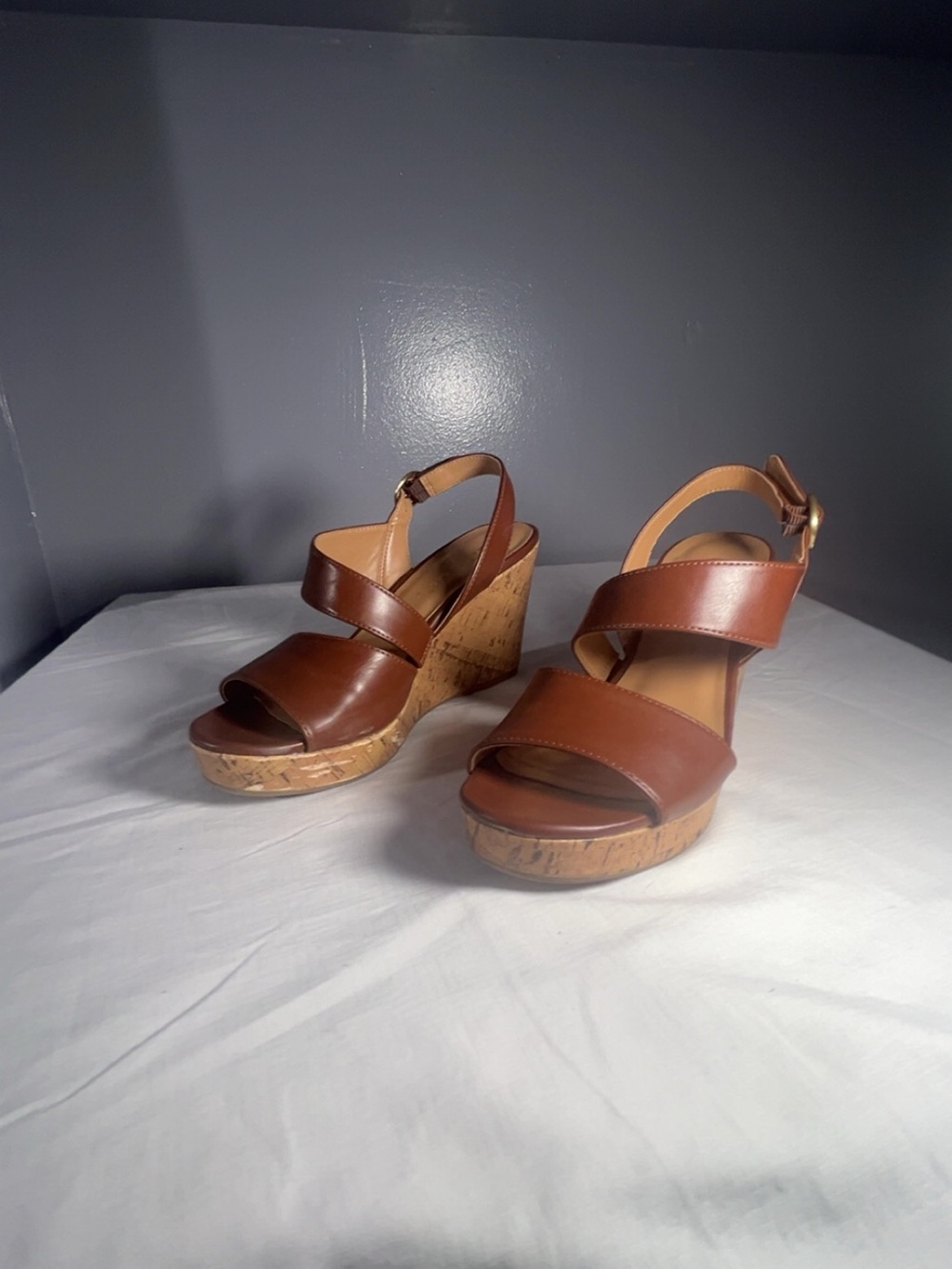 Franco Sarto Brown Leather Cork Wedge Sandals Women’s